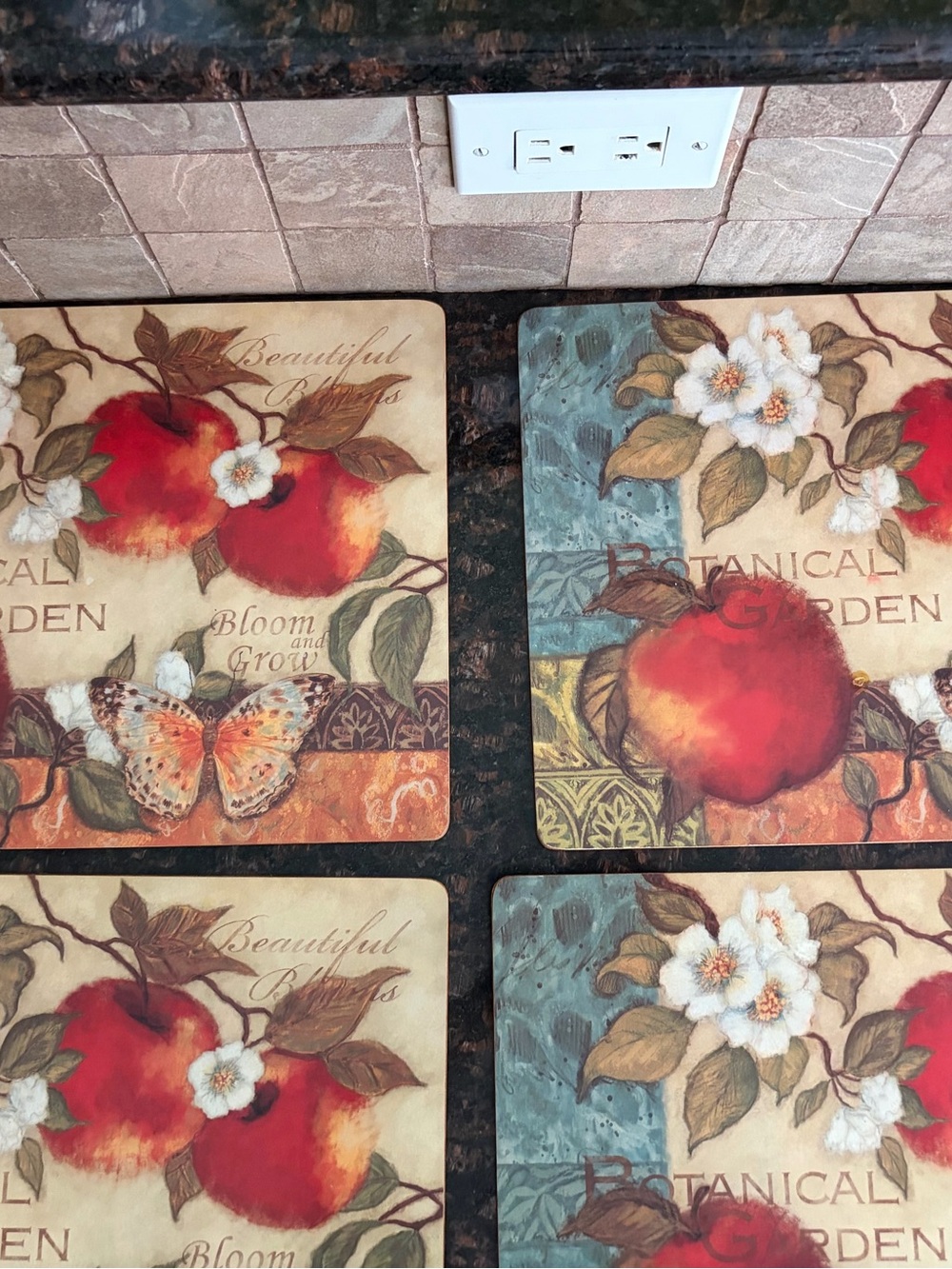 Botanical Garden Red Apple 4 Cork Backed Placemats- Susan Winget